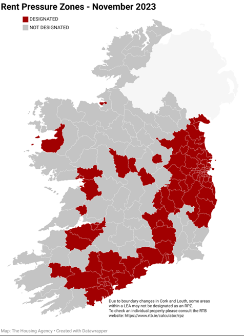 A map showing areas in Ireland designated rent pressure zones which includes the Westport Electoral Area