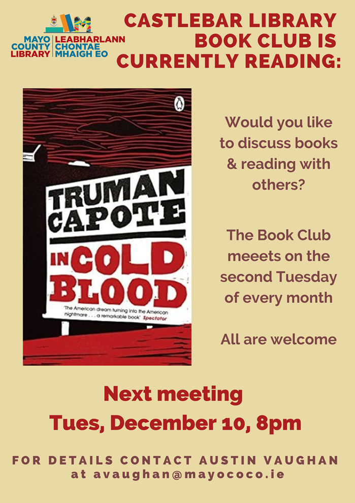 Images of a poster that highlights the Castlebar Library book of the month, Truman Capote 'In Cold Blood'