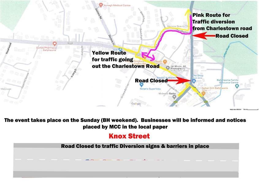 Image showing a map of Ballyhaunis with marking to indicate road closures and diversion routes